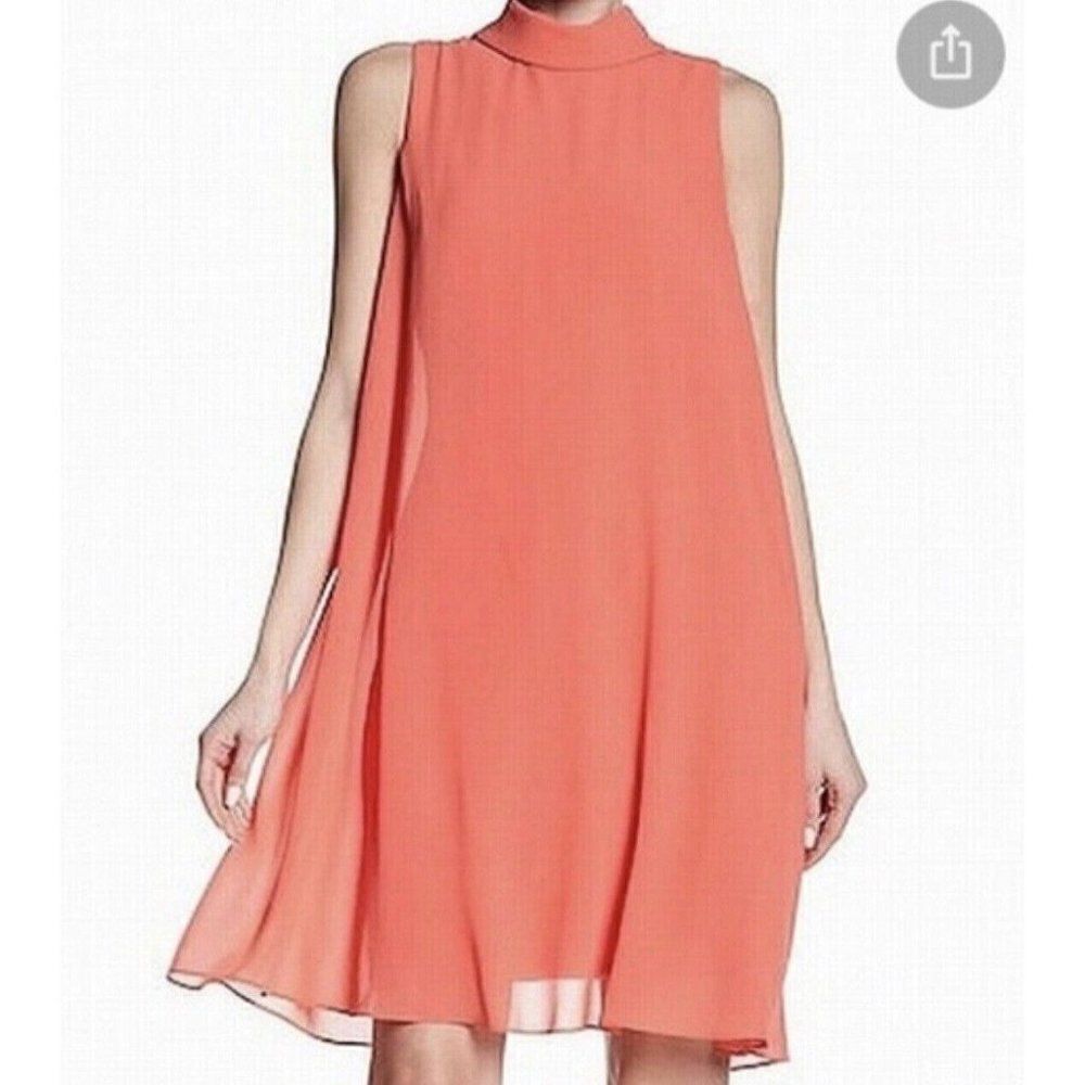 Eliza J Coral Sleeveless Mock Neck Shift Dress Size 2 Chiffon Overlay Elegant